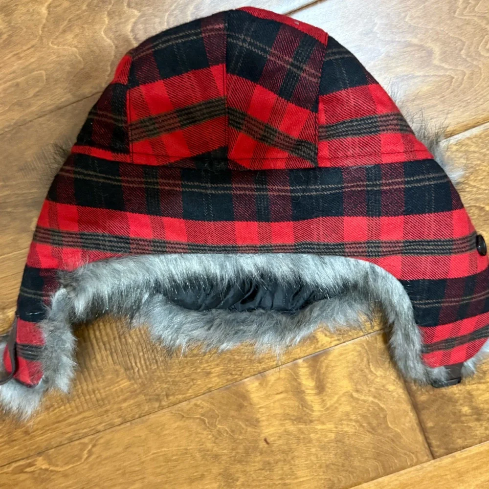 Like New Plaid Trapper Hat with Faux Fur